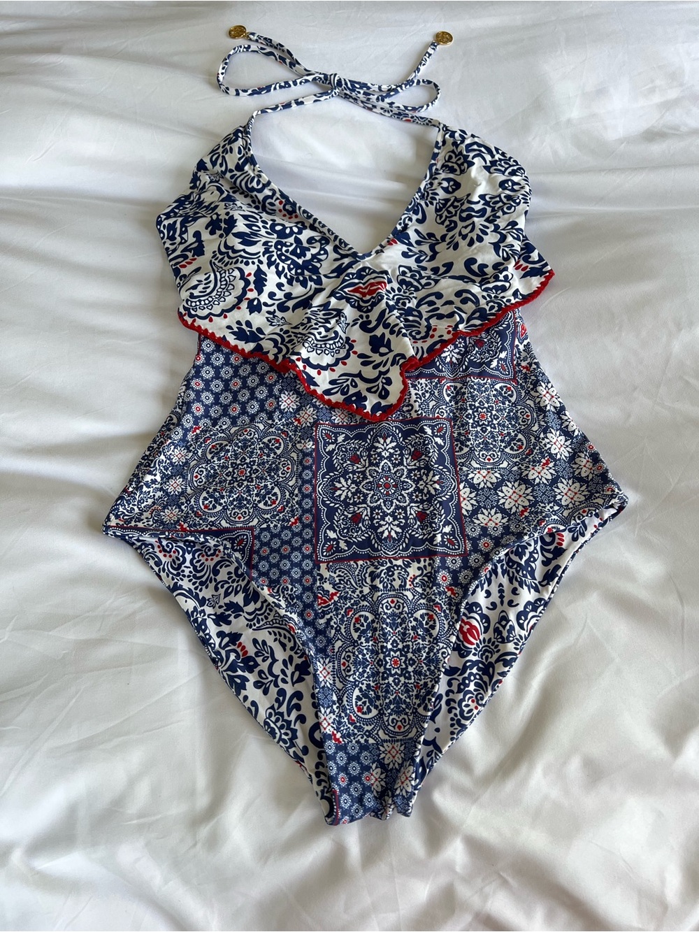 Luli Fama Navy, White & Red Paisley Pattern One-Piece Swimsuit
